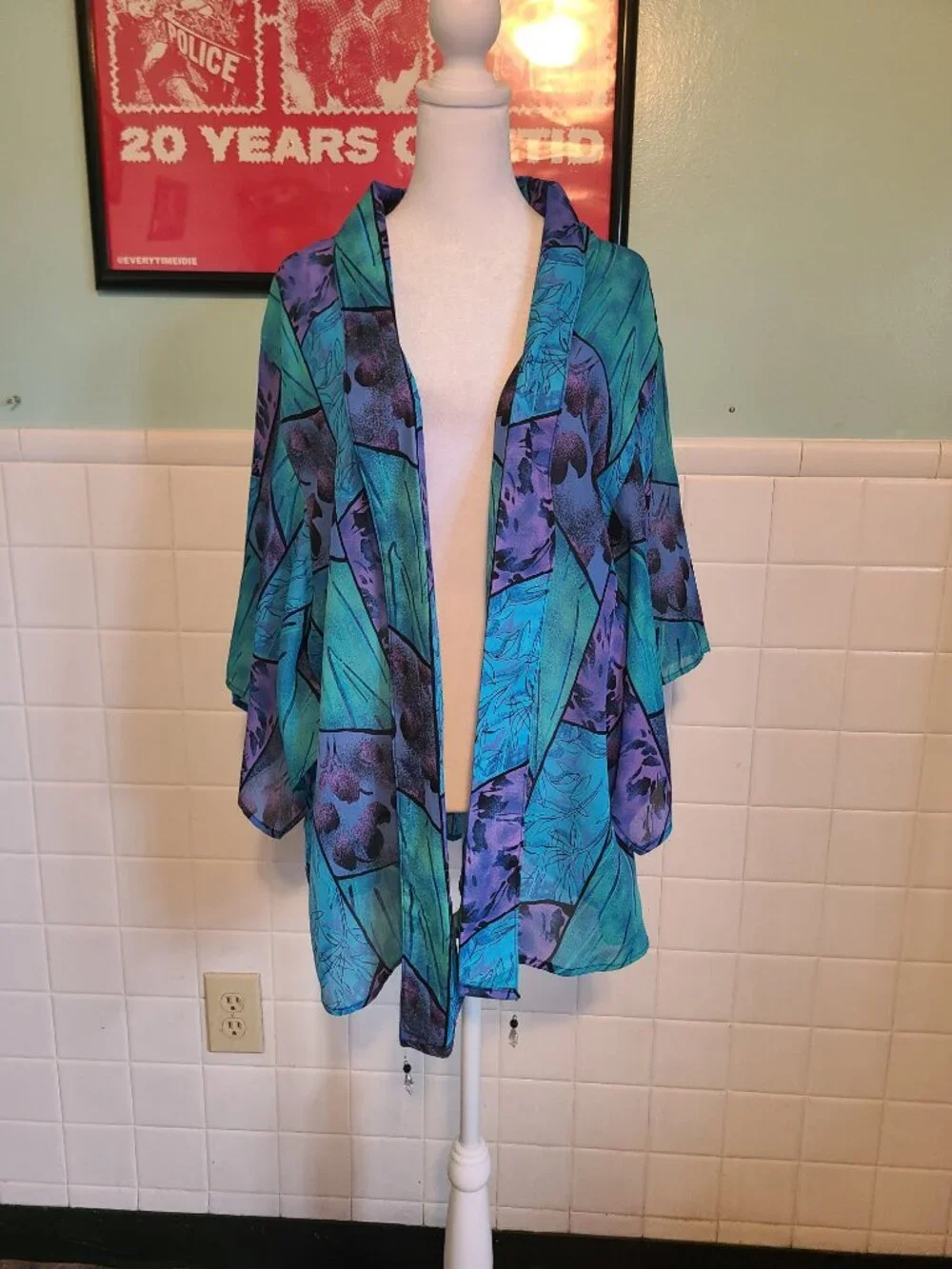 Vintage 90s Purple Teal Sheet Kimono Shawl Wrap Cover Up Whimsical Fairycore